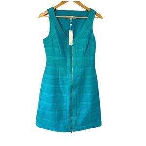 New TRINA TURK Sleeveless V-neck Front Zipper Teal Dress | 4
